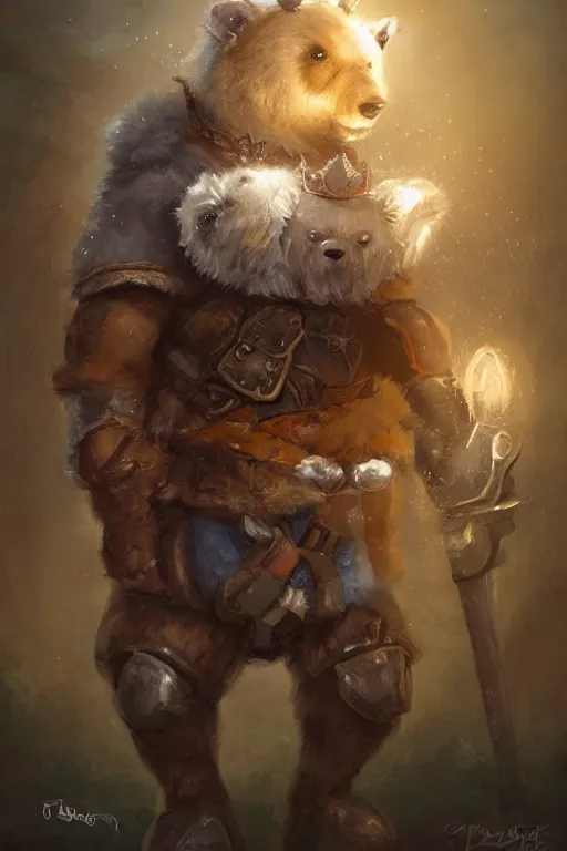 Image similar to cute little anthropomorphic bear knight wearing a cape and a crown, tiny, small, miniature bear, baby animal, short, pale blue armor, cute and adorable, pretty, beautiful, DnD character art portrait, matte fantasy painting, DeviantArt Artstation, by Jason Felix by Steve Argyle by Tyler Jacobson by Peter Mohrbacher, cinematic lighting