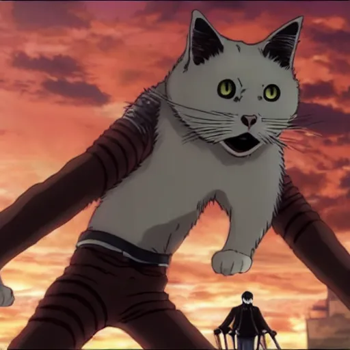 Prompt: A cat as a gigantic titan in attack on titan, high quality, very detailed