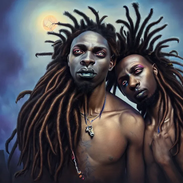 Prompt: hyperrealistic hyper detailed neo - surreal 8 5 mm portrait of two black goth male wikiing's with dreadlocks matte painting concept art hannah yata dali very dramatic soft light low side angle shot hd 8 k sharp shallow depth of field