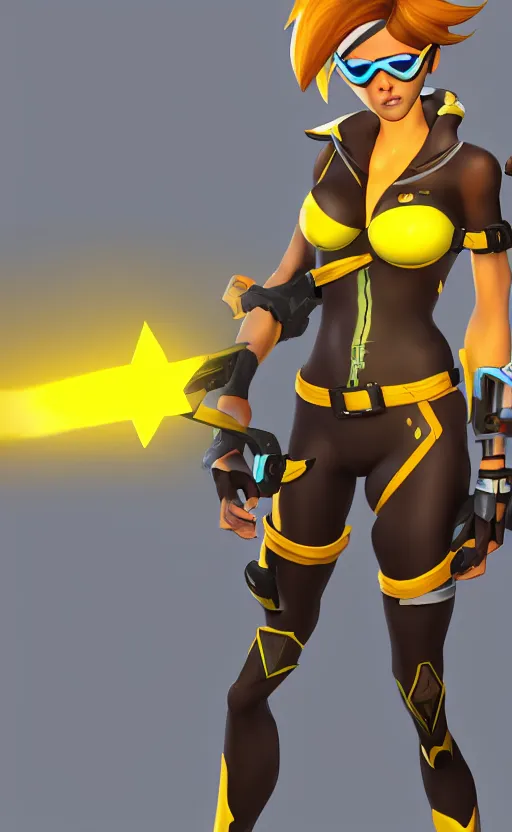 Image similar to tracer game character, in yellow bikini, blonde hair, black eyes, full height