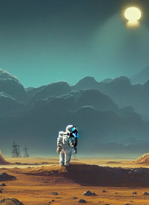 Image similar to a lonely astronaut overlooking at an amazing alien landscape and the universe, digital art, breathtaking, golden ratio, extremely detailed, establishing shot, hyperrealistic, cinematic lighting, particles, unreal engine, simon stålenhag, rendered by Beeple, Makoto Shinkai, syd meade, simon stålenhag, Ruan Jia, Kentaro Miura, environment concept, artstation, octane render, 4K UHD image