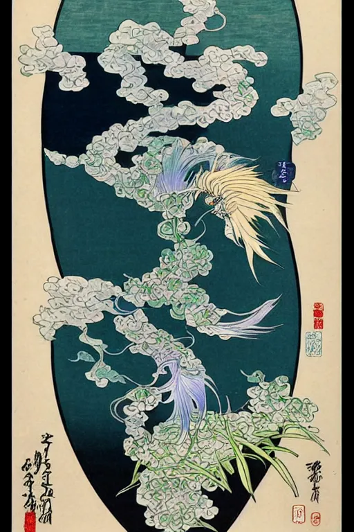 Image similar to ikebana of delicate aquatic botanical plants and a graceful iridescent white betta fish with long swirling fins, black-water-background, traditional Japanese painting, hiroshige, artstation, alphonse-mucha