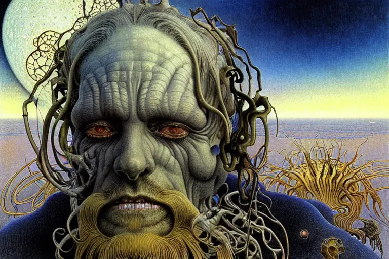 Prompt: realistic extremely detailed portrait closeup painting of an old man with a skeleton, futuristic sci-fi landscape on background by Jean Delville, Amano, Yves Tanguy, Alphonse Mucha, Ernst Haeckel, Edward Robert Hughes, Roger Dean, rich moody colours, silver hair and beard, blue eyes