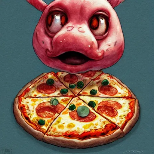 Image similar to a cute pizza monster, basic white background, symmetrical, watercolor, intricate line drawings, by Yoshitaka Amano, Ruan Jia, Kentaro Miura, Artgerm, detailed, trending on artstation, hd, masterpiece,