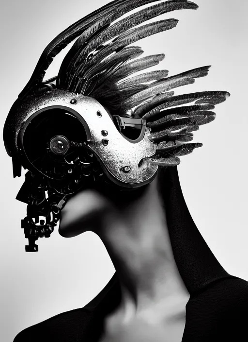 Prompt: profile portrait, a stunning young woman - cyborg with a mutant crow head, editorial photography, bw, by hans bellmer, shot on 7 0 mm, depth of field, f / 2. 8, high contrast, 1 6 k, volumetric lighting, shiny, insanely detailed and intricate, hypermaximalist, elegant, ornate