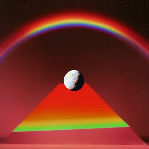 Image similar to a dark side of the moon with a rainbow, a hologram by Storm Thorgerson, tumblr, holography, 1970s, 1990s, ps1 graphics