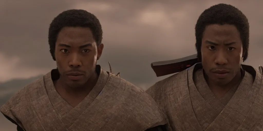 Image similar to a film still of a black man starring in a japanese blockbuster film as san ancient samurai, shallow depth of field, cinematic, award winning cgi, vfx, film still