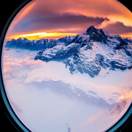Prompt: a realistic sunrise in the swiss alps seen through a plane window