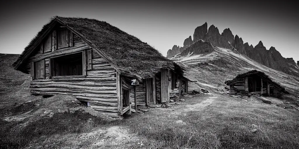 Prompt: photography of an old alpine hut, hay monster crawling out the door, alp, dolomites, alpine, detailed intricate insanely detailed octane render, 8k artistic 1920s photography, photorealistic, black and white, chiaroscuro, hd, by David Cronenberg, Raphael, Caravaggio