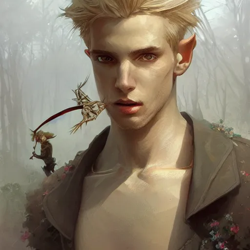 Image similar to elf fairy blonde male with a beautiful face, with a loot on their back, wearing a cardigan, highly detailed, intricate, digital painting, artstation, sharp focus, illustration, art by jakub rozalski, greg rutkowski, artgerm, tan zi and ayanamikodon and alphonse mucha and wlop