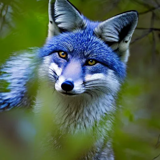Prompt: A blue Fox in a lush forest, 8k, hyper realistic, high detail nature photography, beautiful lighting