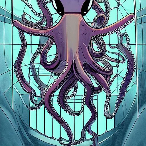 Image similar to robotic Octopus in an airlock, Industrial Scifi, detailed illustration, character portrait, by Martin Grip and Moebius