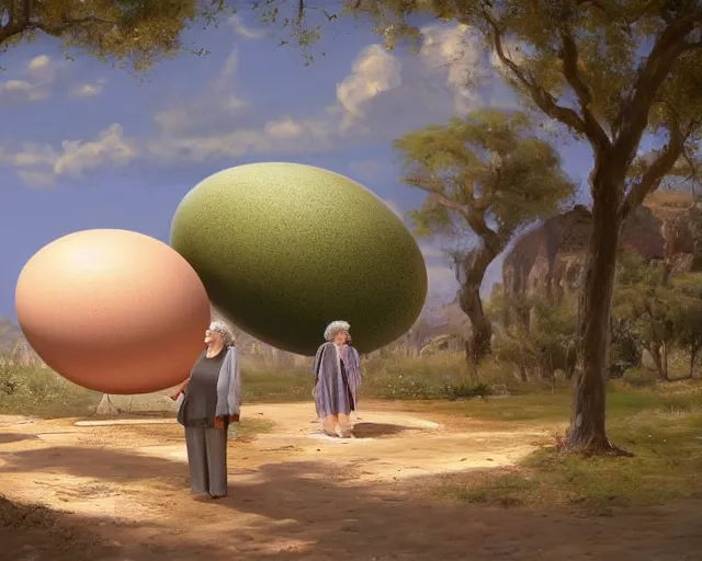 Prompt: םכ a very beautiful scene. processing block environment. a sweet fat old woman is in love with a huge, colorful and beautiful egg. hyper realistic. 4 k. wide angle. in the baroque style. wild. symmetrical face, red mouth, blue eyes. deep focus, lovely scene. processing block environment. concept art. unreal engine.