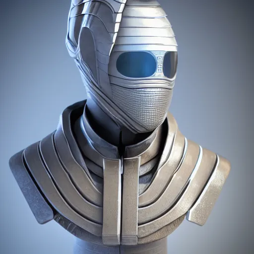 Image similar to hyperrealistic 3 d render of a bust of knight with futuristic fashion elements created by yuuki morita and ludvig holmen, brilliantly colored, kingdoms of ether, octane render, 3 d animated, clay look, unreal engine 5, volumetric lighting, hdr, studio lighting, smooth surface, 8 k
