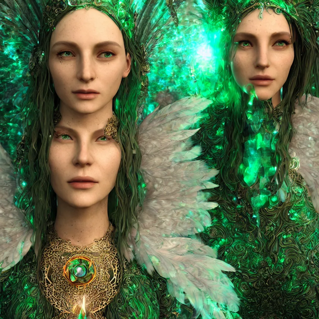 Prompt: wiccan high priestess with angelic face, super fine details and intricate jewelry with feathers and crystals, ethereal, in deep clear emerald water, divine realm of gods, solarpunk realistic cinematic style, filmed in 70mm, volumetric lighting, octane render, photographic, concept art, artist Leonardo DaVinci, unreal engine, 8k