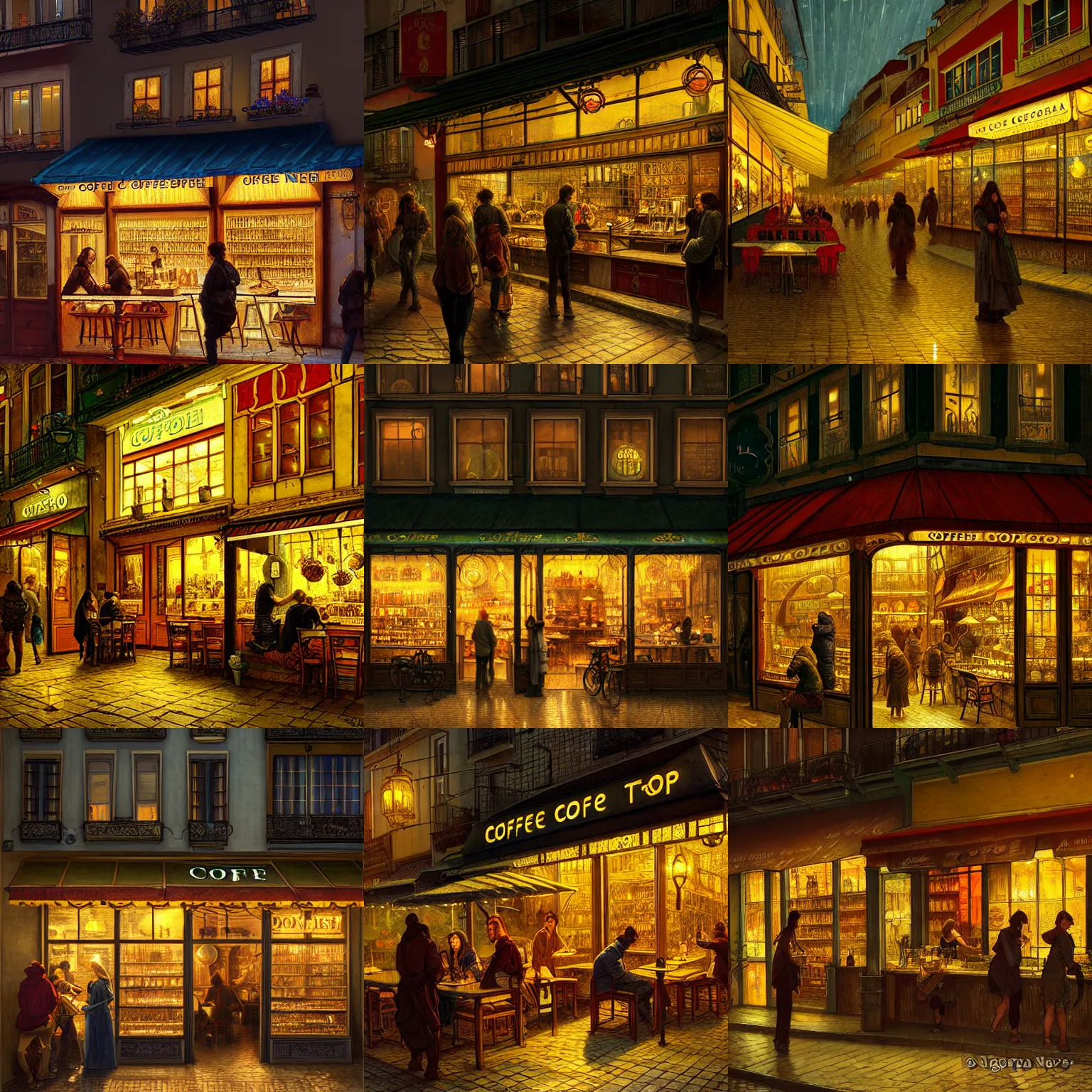 Prompt: a coffee shop store in The City of Lisbon at night with a few customers, high resolution fantasy concept art, intricate details, sharp lighting, Dramatic light by Aert van der Neer, alphonse mucha, Makoto Shinkai