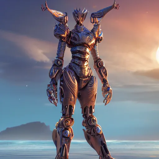 Image similar to a highly detailed beautiful majestic anthropomorphic robot female dragon, with smooth and streamlined mechanical armor, standing and posing elegantly on a beach, well detailed head with LED eyes, with sharp claws on her hands and feet, two arms, two legs, long tail, artstation, DeviantArt, professional, octane render, sunset lighting