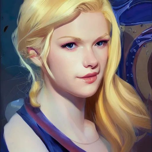 Image similar to portrait of beautiful girl with blond hair and blue eyes, League of Legend illustration by Sam Youn:2, profile picture by Gil Elvgren:2, asymmetrical, Organic Painting, Ambient Occlusion:3, Matte Painting, bold shapes, hard edges, street art, trending on artstation, realistic:2 by Sachin Teng:5