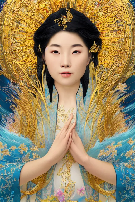 Image similar to a beautiful young Asian woman, Queen of the Sea Mu Yanling, long flowing white hair, blue and yellow robe that resembles floating wings, water flowing and floating around, young female face, liquid magic, cinematic top lighting, insanely detailed and intricate, face by Artgerm, design by Alphonse Mucha, Kuvshinov Ilya, Irakli Nadar, render by krenz cushart, golden ratio, symmetrical proportions, elegant, ornate, luxury, elite, matte painting, MTG, magic the gathering, trending on artstation, cinematic, cgsociety, 8k, high resolution,