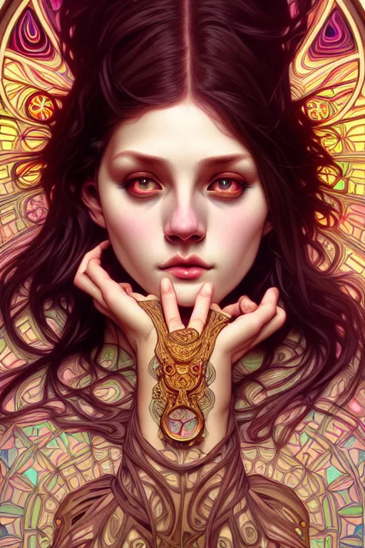 Image similar to overlord, psychedelic, portrait, highly detailed, deep focus, elegant, digital painting, smooth, sharp focus, illustration, ultra realistic, 8 k, art by artgerm and alphonse mucha