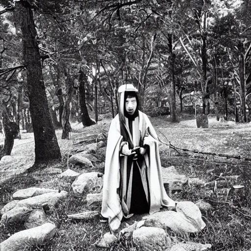 Prompt: a wide full shot, russian and japanese mix 1 9 8 0 s historical fantasy of a photograph taken of the guardian priest'historical domains, photographic portrait, high - key lighting, warm lighting, overcast flat midday sunlight, 1 9 8 2 life magazine photograph, photojournalism from the new york times. - 9