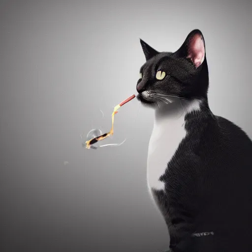 Image similar to a high quality photo of a cat wearing a suit and smoking, render, ultra realistic, cgsociety