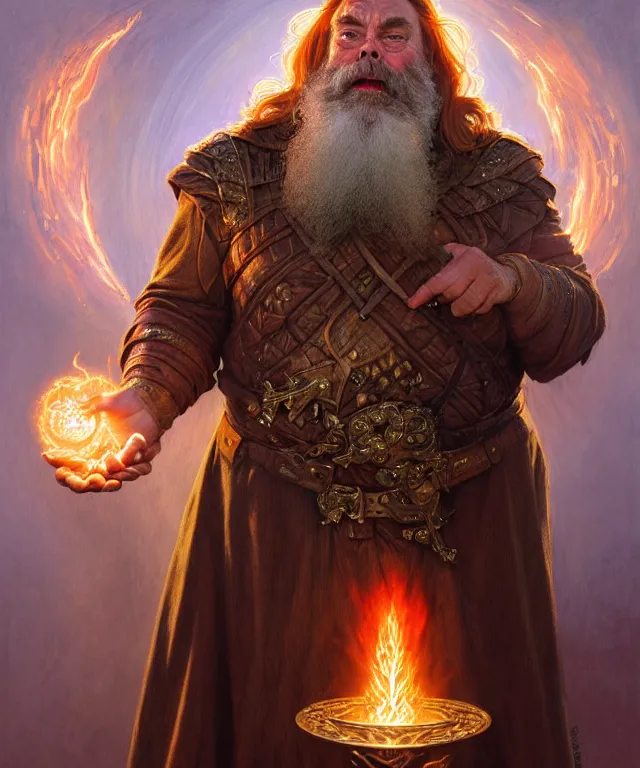Prompt: brian blessed as a fantasy dwarf wizard, casting a fireball spell, portrait, fantasy, intricate, elegant, highly detailed, digital painting, artstation, concept art, smooth, sharp focus, illustration, art by artgerm and greg rutkowski and alphonse mucha