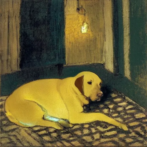 Prompt: degas painting of a yellow lab sleeping contentedly on a patterned rug inside a house at night, lit by warm yellow floodlights