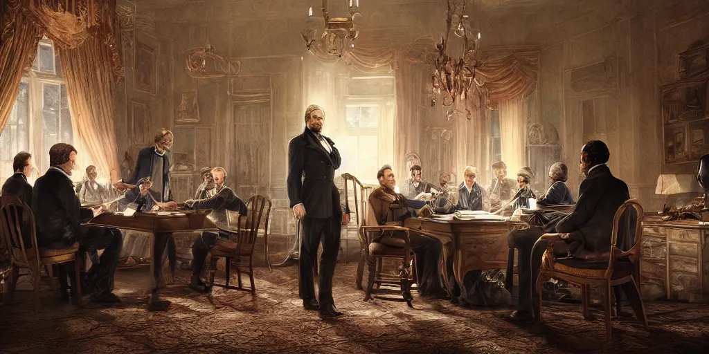 Prompt: five score years ago, a great american, in whose symbolic shadow we stand today, signed the emancipation proclamation. ultrafine highly detailed colored illustration, intricate linework, sharp focus, octopath traveler, final fantasy, unreal engine highly rendered, global illumination, radiant light, intricate environment