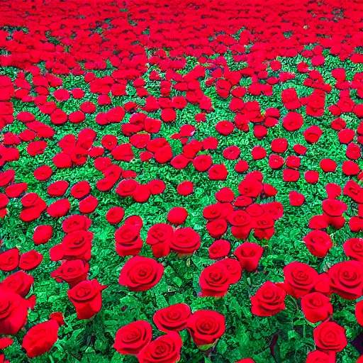 Image similar to photo of a beautiful field of roses with a dark tower in the center. night. photorealism. 4 k. national geographic. high detail