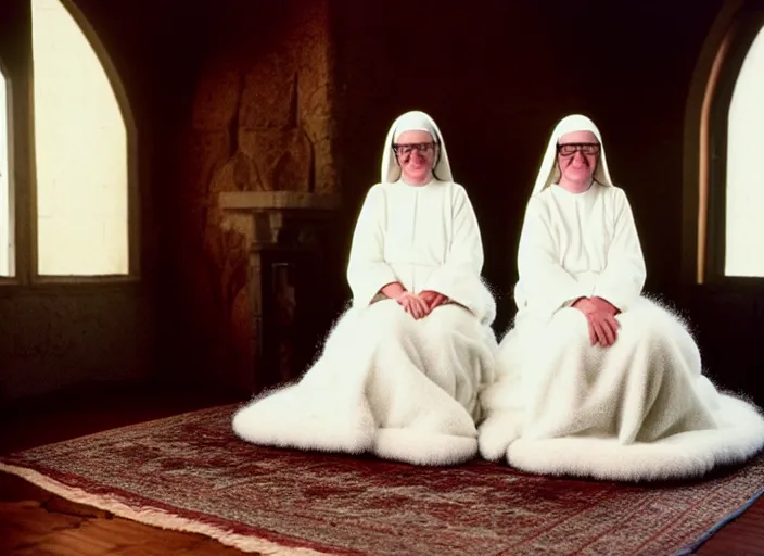 Image similar to realistic photo of a two medieval female nuns scientists wearing white cotton robes, doing an experiment with a fluffy furry fur cloud, living room interior is made of wood 1 9 9 0, life magazine reportage photo, natural colors