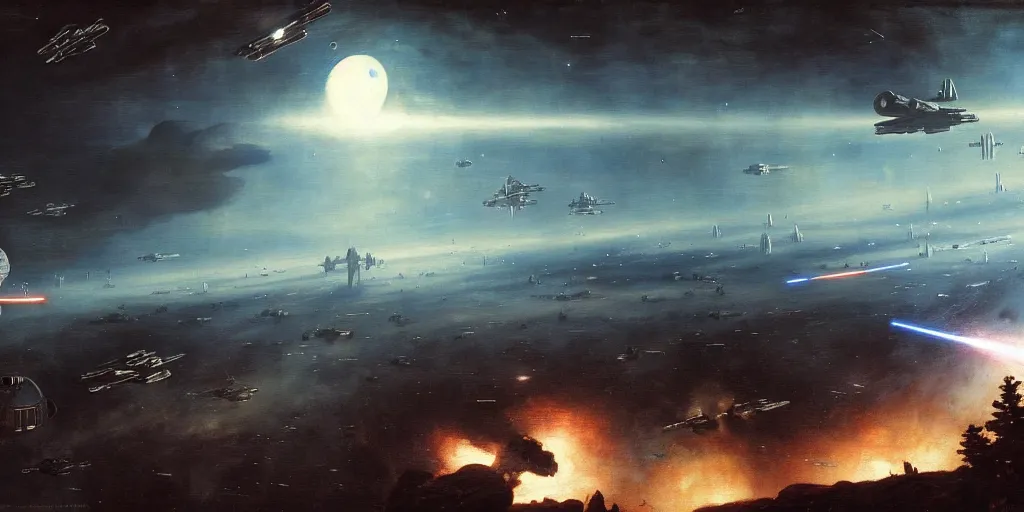 Prompt: star wars space battle in outer space above the forest moon on endor : small tie fighters overwhelm and fire green lasers at rebel capital ship. painted by jan matejko, greg rutkowski and gustave courbet. oil on canvas, sharp focus, cinematic atmosphere, explosions, detailed and intricate environment
