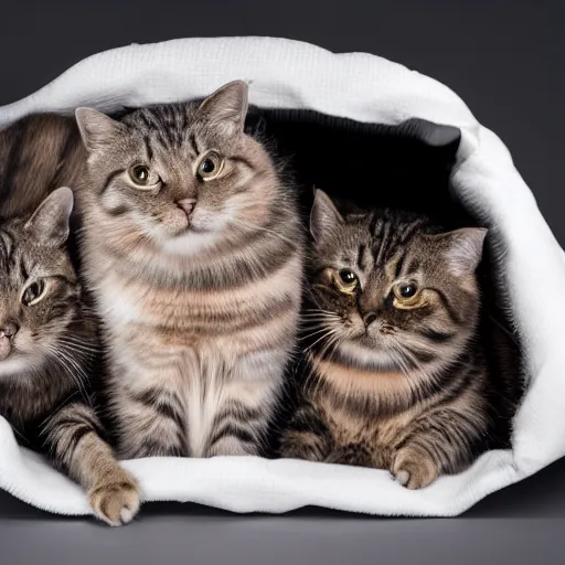 Prompt: a highly detailed photo of multiple furry cats inside a big bag, white background, studio lighting, 4 k, 8 k