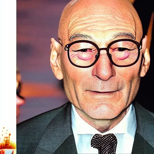 Image similar to photo of a person who looks like a mixture between patrick stewart and brent spiner