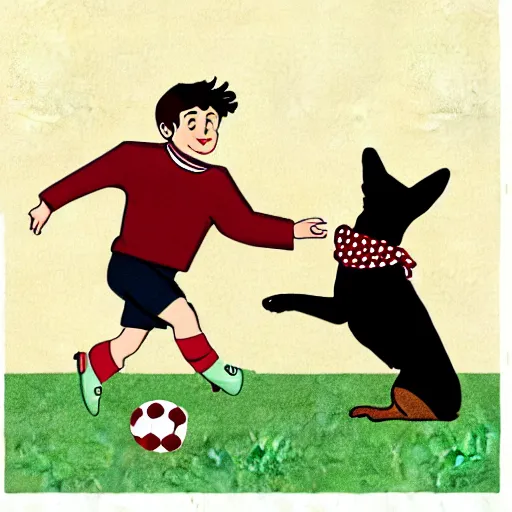 Image similar to illustration of french boy in paris playing football against a corgi, the corgi is wearing a polka dot scarf