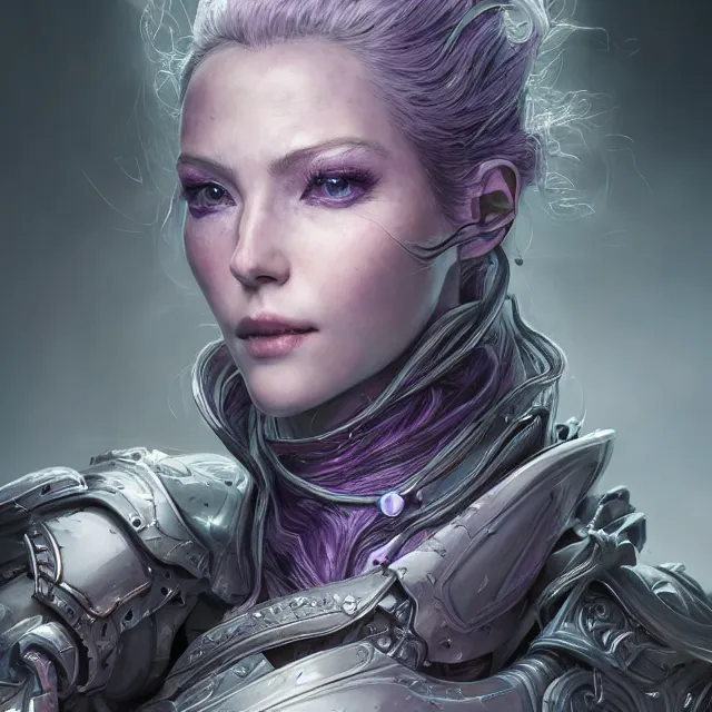 Image similar to close facial portrait of a pale woman in sci - fi armor with a flowing purple, elegant, stoic, intense, ultrafine hyperdetailed illustration by kim jung gi, irakli nadar, intricate linework, sharp focus, octopath traveler, final fantasy, hearthstone, highly rendered, global illumination, radiant light, detailed, intricate environment