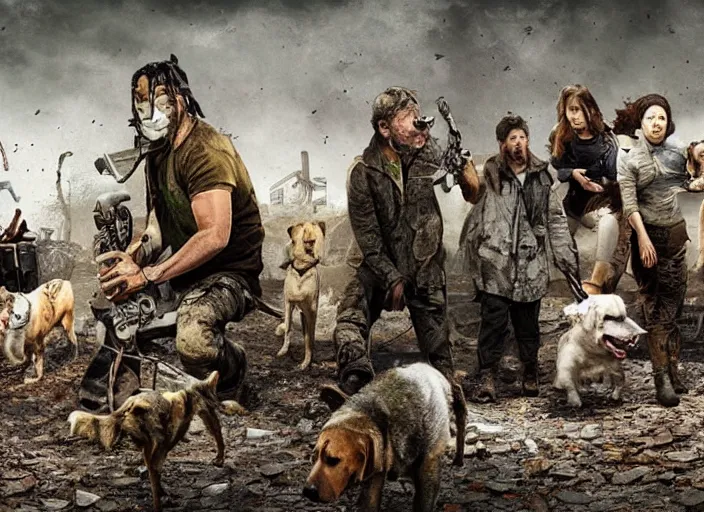 Prompt: A scene from a post-apocalyptic world where the only survivors are dogs