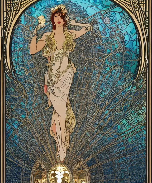 Image similar to a streeet view of wat rong khun by alphonse mucha and charlie bowater and art germ, rule of thirds, golden ratio, art nouveau! cyberpunk! style, mechanical accents!, mecha plate armor, glowing leds, flowing wires with leaves, art nouveau accents, art nouveau patterns and geometry, rich deep moody colors