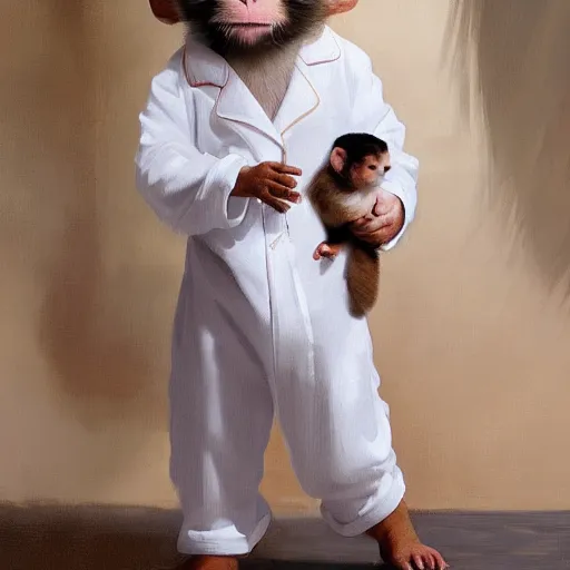 Image similar to young boy wearing white fabric pajama with cartoon paintings on it standing infront of a small furry smiling monkey. highly detailed, digital painting, artstation, concept art, smooth and sharp focus, cg by tian zi and wlop and alphonse mucha