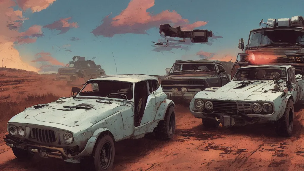 Image similar to digital illustration of mad max's fj 4 0 pursuit special, the last v 8 interceptor driving down a deserted cyberpunk highway in the middle of the day by studio ghibli, anime style year 2 0 9 3, by makoto shinkai, ilya kuvshinov, lois van baarle, rossdraws, basquiat