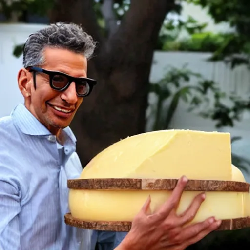 Prompt: jeff goldblum eating a large wheel of cheese,