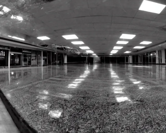 Prompt: camera footage of an abandoned shopping mall overrun by huge spiders and cobwebs, high exposure, dark, monochrome, camera, grainy, CCTV, security camera footage, timestamp, zoomed in, fish-eye lense, spiders!!!!, webs!