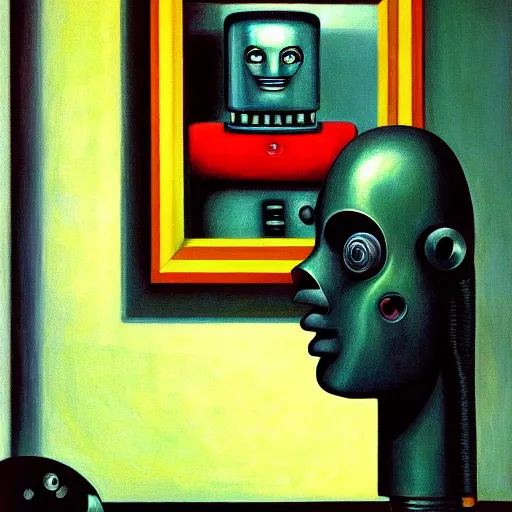 Image similar to crying robot, portrait, visage, dystopian, pj crook, edward hopper, oil on canvas