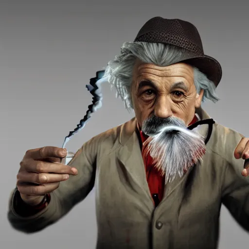 Prompt: hipster albert einstein smoking a joint, gta artstyle, wide shot, dramatic lighting, octane render, hyperrealistic, high quality, HD, cinematic