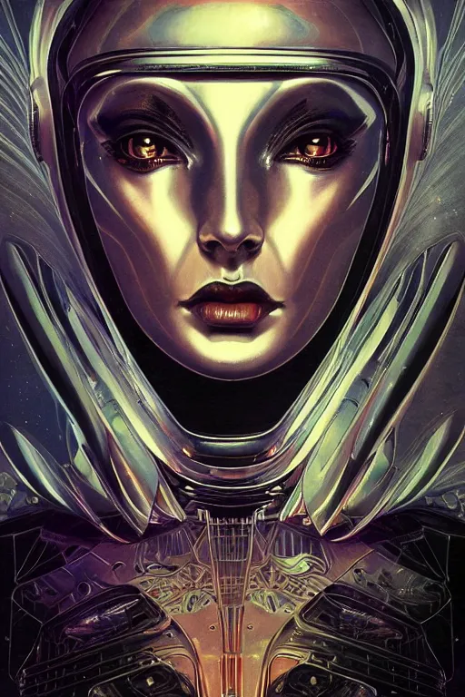 Image similar to retro-futuristic portrait of a beautiful female android in old scratchy chrome armour, ornate background, rim light, ornate pattern, glowing eyes, evil expression, high details, intricate details, renaissance painting by vincent di fate, artgerm julie bell beeple, 80s, Smooth gradients, High contrast, depth of field, very coherent symmetrical artwork