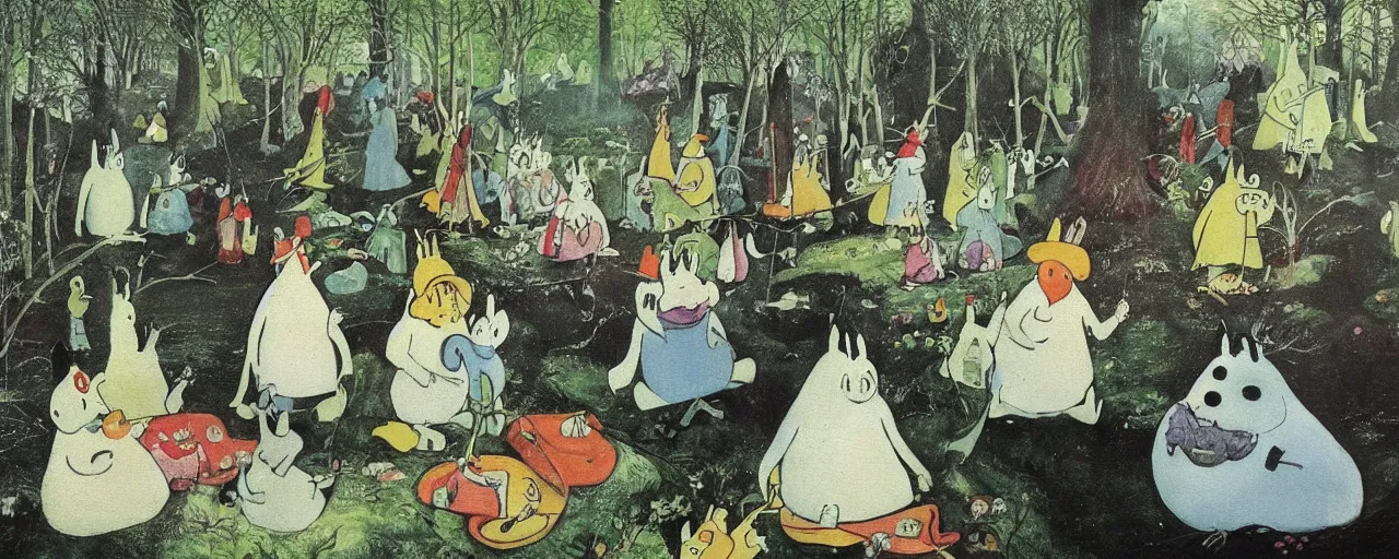 Image similar to the moomins, bosch painting, very detailed!, high quality