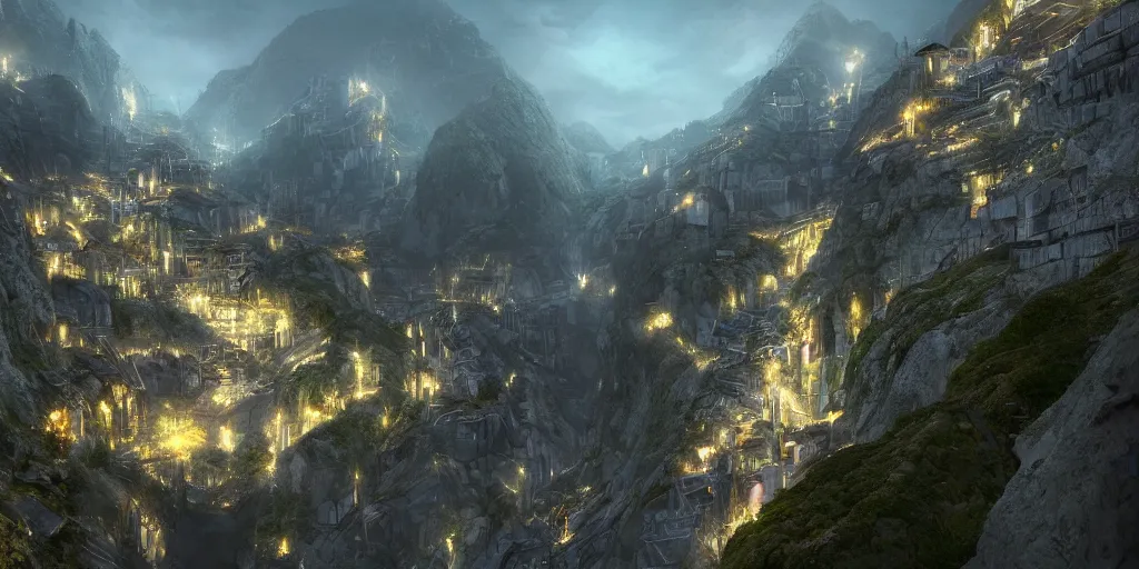 Image similar to an underground fantasy city on steep mountains, 8 k