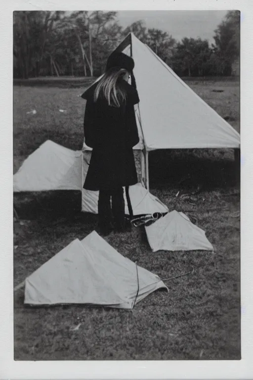 Image similar to photo polaroid of a sad and lonely child in a white coat and barefoot stands in the middle from behind the camera many big tents of field hospitals, pandemic, covid, loneliness, black and white ,photorealistic, 35mm film,