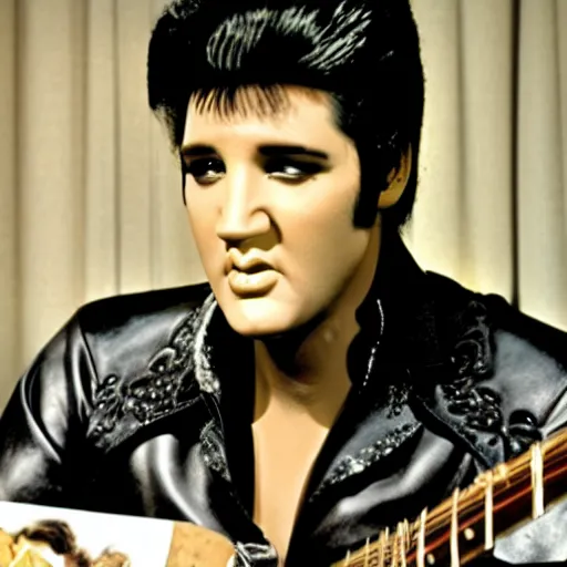 Image similar to elvis presley with the face of nicolas cage playing the guitar, poker table next to him