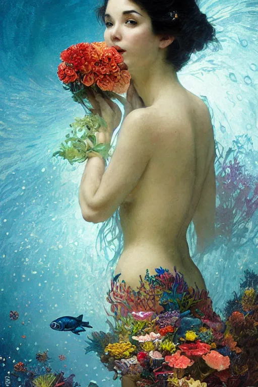 Image similar to portrait of a beautiful mysterious woman holding a bouquet of flowing flowers, small bubbles from her mouth, hands hidden under the bouquet, submerged underwater filled with colorful small fish and coral reef, fantasy, regal, intricate, by stanley artgerm lau, greg rutkowski, thomas kindkade, alphonse mucha, loish, norman rockwell